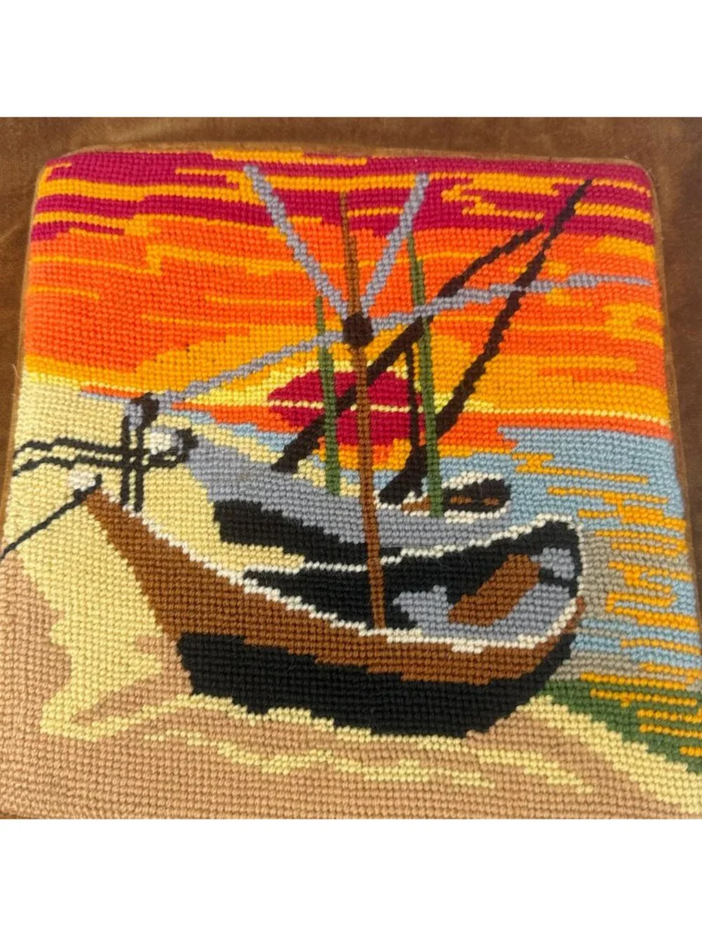 Vintage Needlepoint Pillow Cover Sunset Boats MCM Brown Velveteen Zippered 14.5
